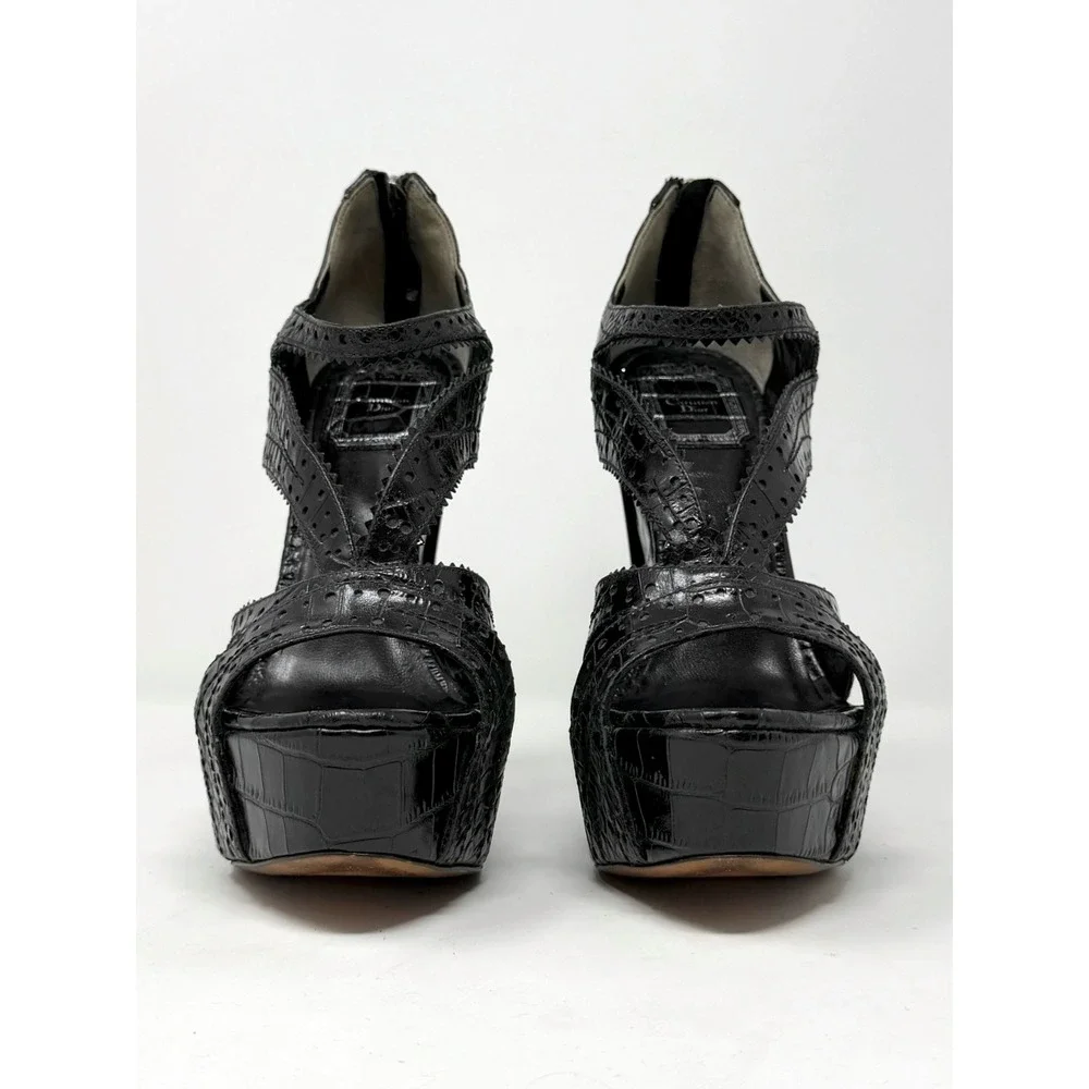 Dior Galliano Black Croc Embossed Runway Platform Wedge Sandals 39
